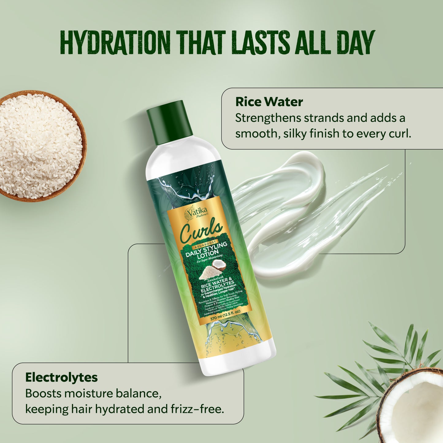 Vatika Naturals Curls AQUABOOST Daily Styling Lotion with Rice Water & Electrolytes 370 ml